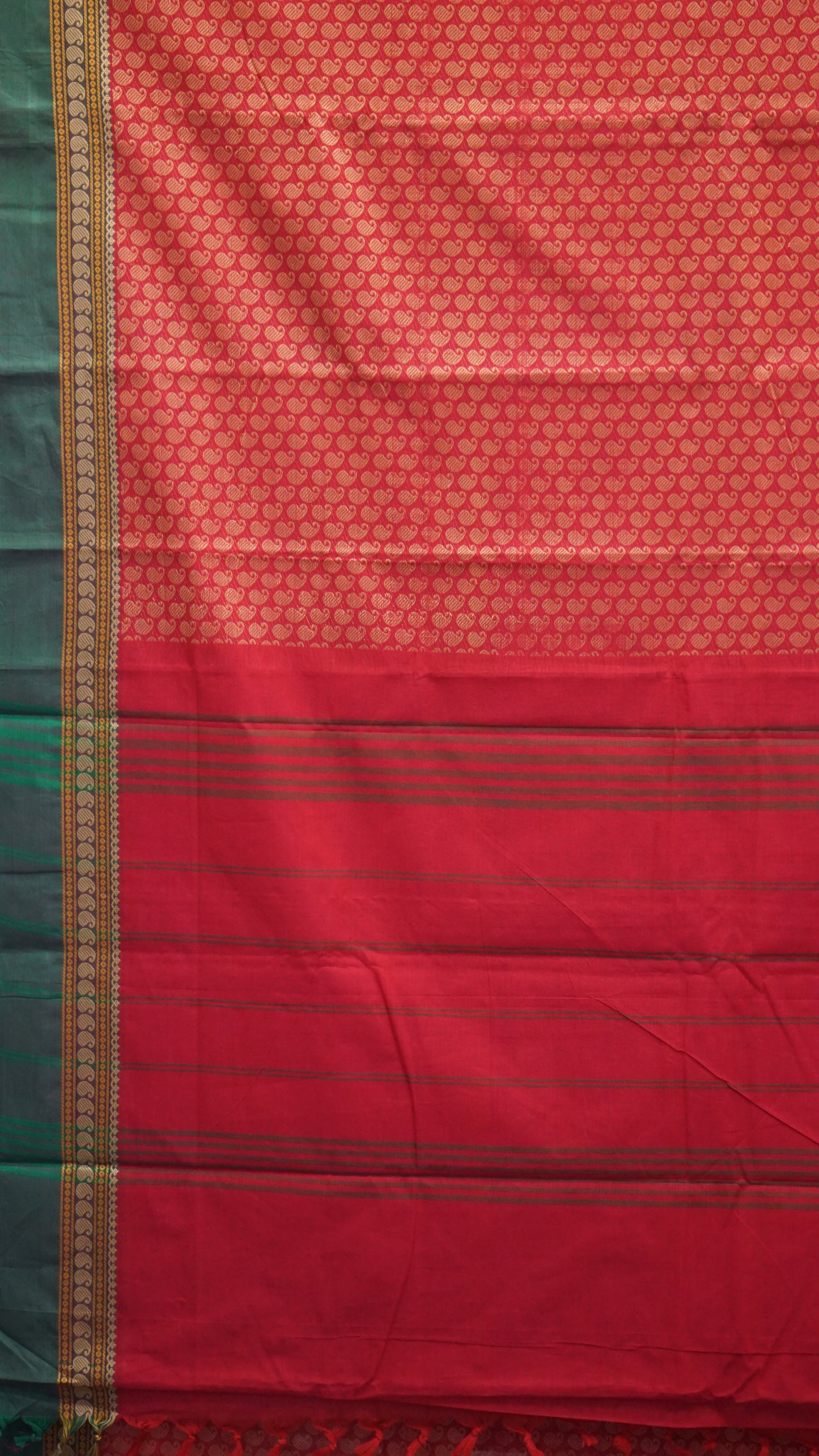 Kanchi Cotton Saree - Red with Green Border