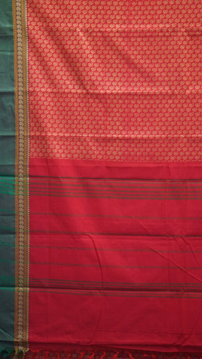 Kanchi Cotton Saree - Red with Green Border