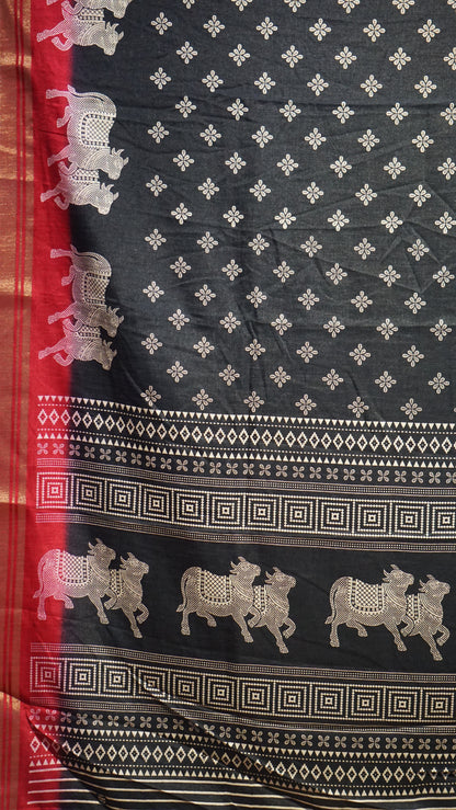 Shiffon Saree Cow Print Black - Red