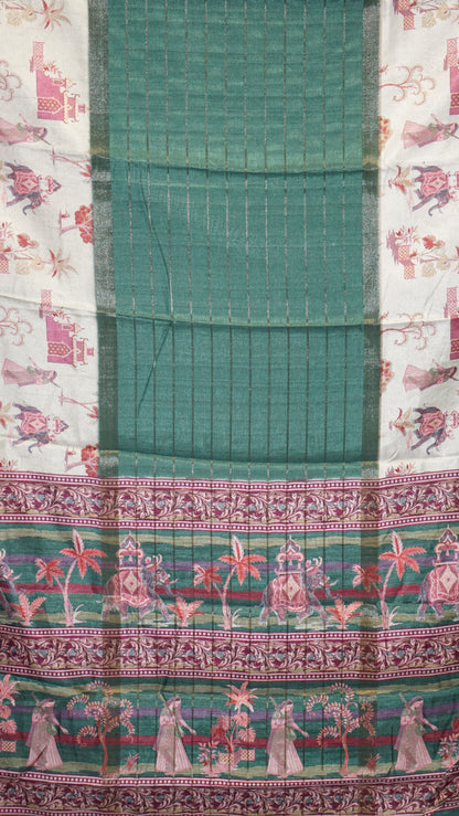 Semi Printed Silk Saree - Green