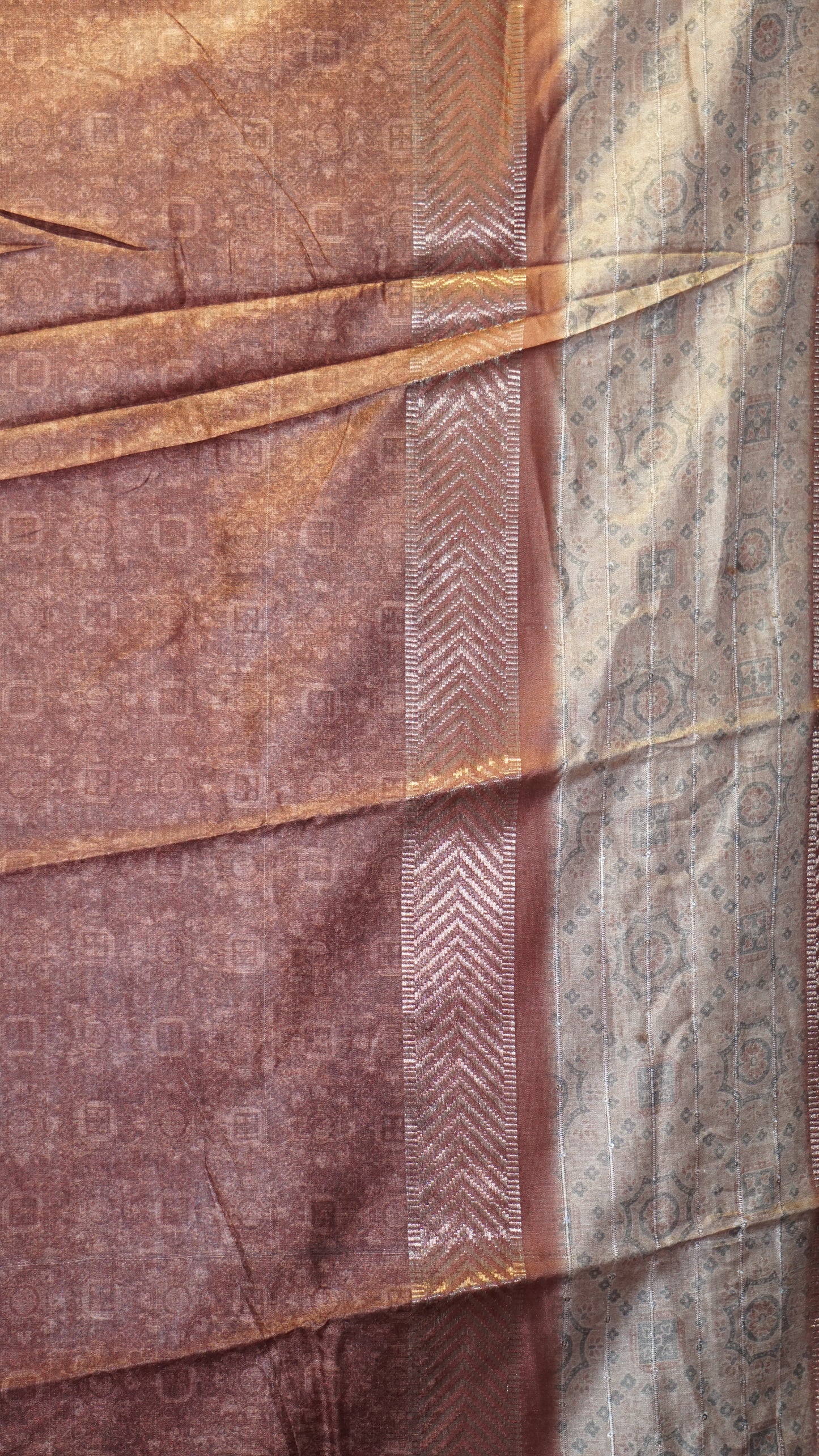 Semi Printed Silk Ajrak Print Beige - Brown