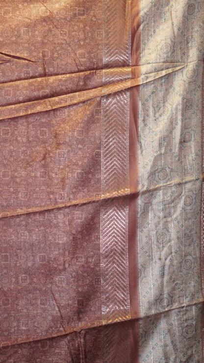 Semi Printed Silk Ajrak Print Beige - Brown