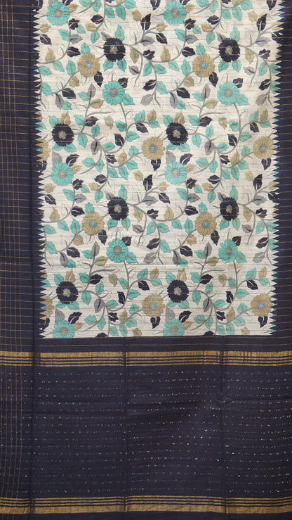 Bhagalpur Tussar Saree Kalamkari Print - Navy Blue