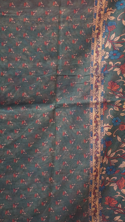 Chanderi Saree Ikkatkari Print - Green & Maroon