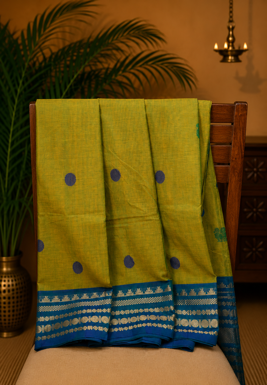 Chettinad Cotton Saree–Golden Green with Temple Zari Border