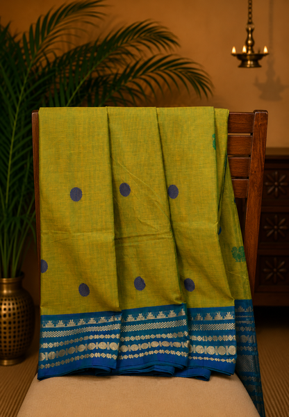 Chettinad Cotton Saree–Golden Green with Temple Zari Border