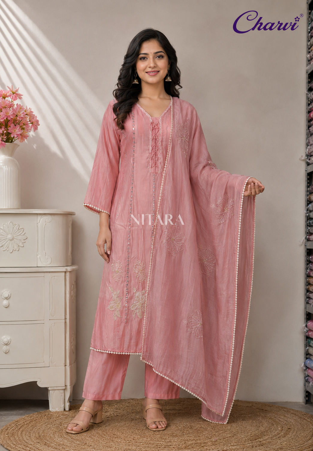3Pcs Blush Pink Embroidered Kurta Set