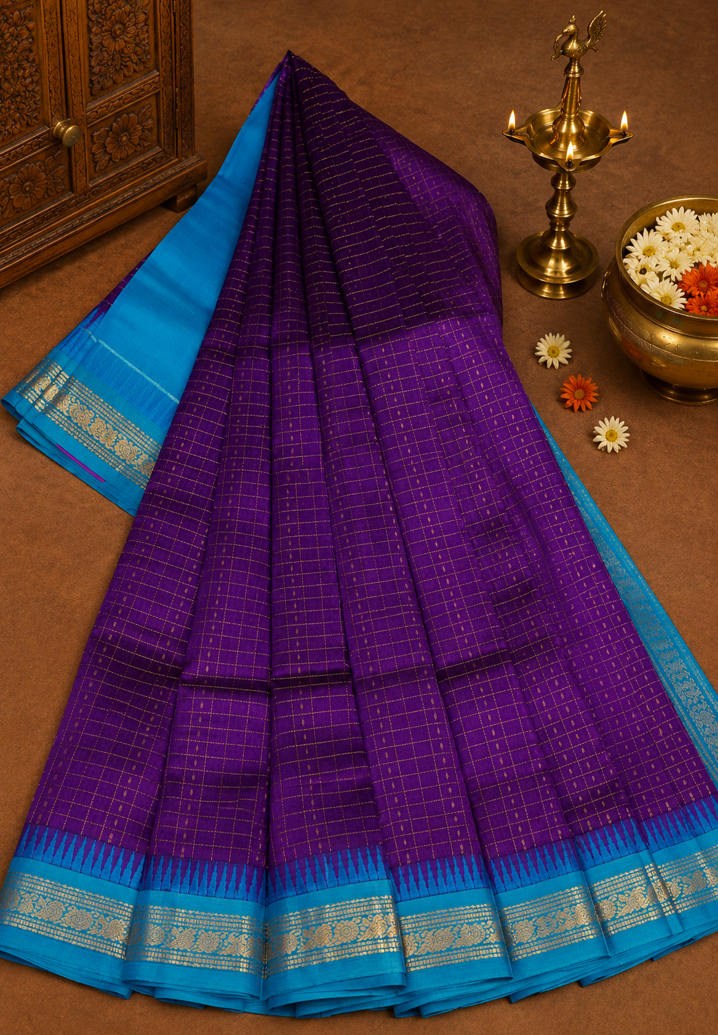 Pure Silk Cotton Saree-Dark Purple in Zari Checks with Contrast Border