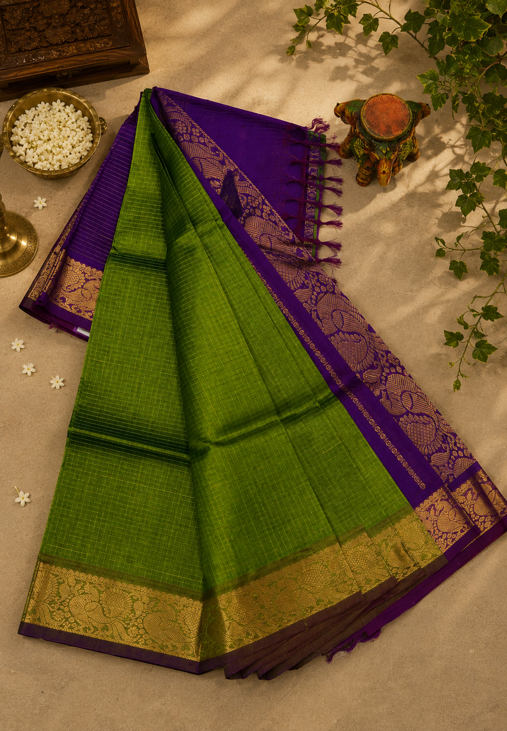 Pure Silk Cotton Saree – Parrot Green in Classic Checkered Weave