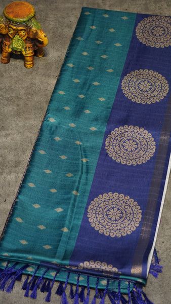 Semi Tussar Saree Peacock Blue