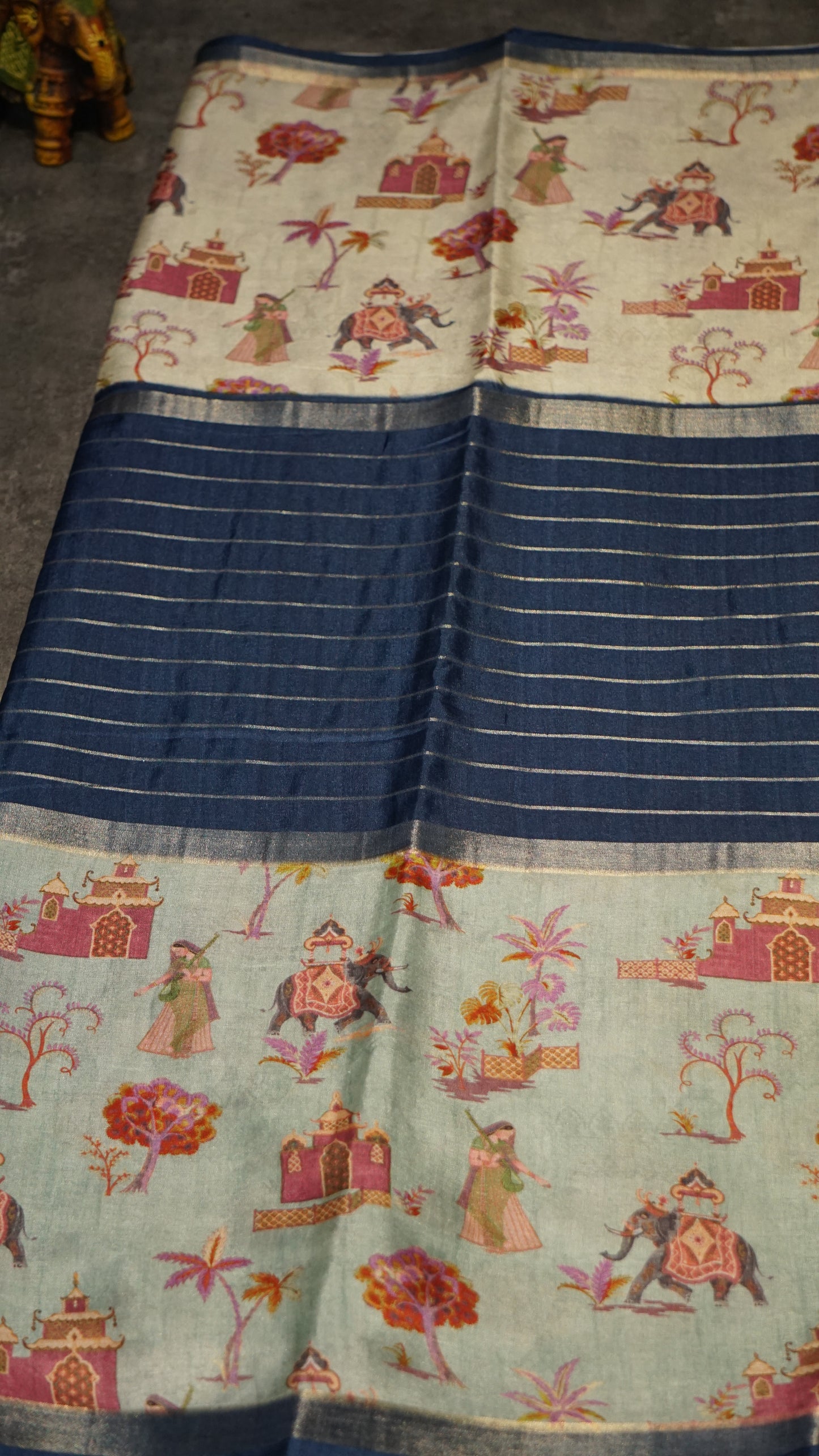 Semi Printed Silk Saree - Navy Blue