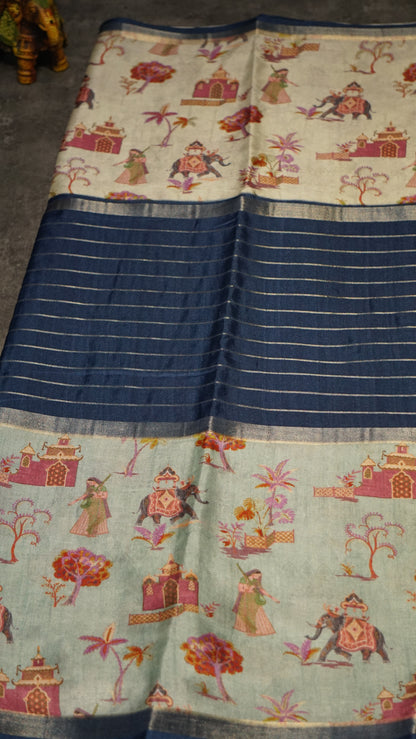 Semi Printed Silk Saree - Navy Blue