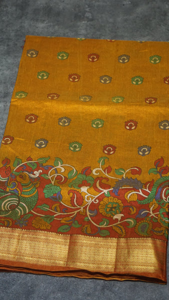 Semi Pattola Saree Kalamkari Print Mustard