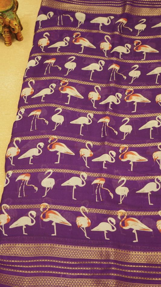 Shiffon Saree Flamingo Design - Violet