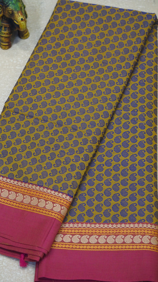 Kanchi Cotton Saree - Mustard With Red Border