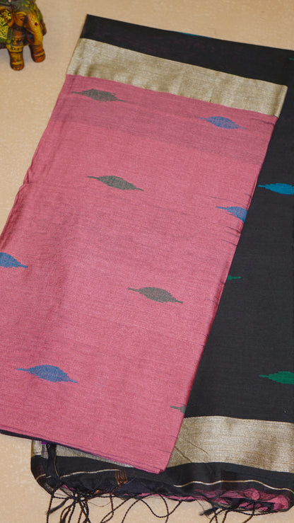 Handloom Cotton Saree - Light Pink & Black