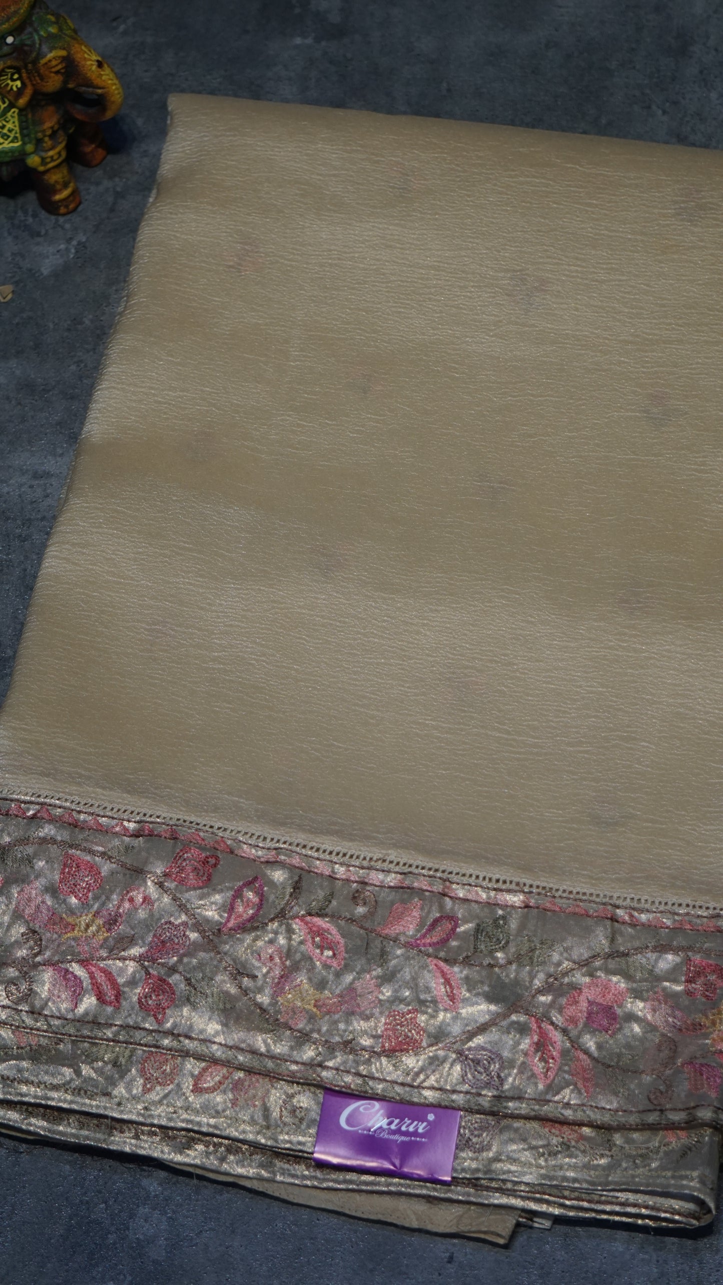 Semi Tussar Saree Crushed With Tissue Border Cream