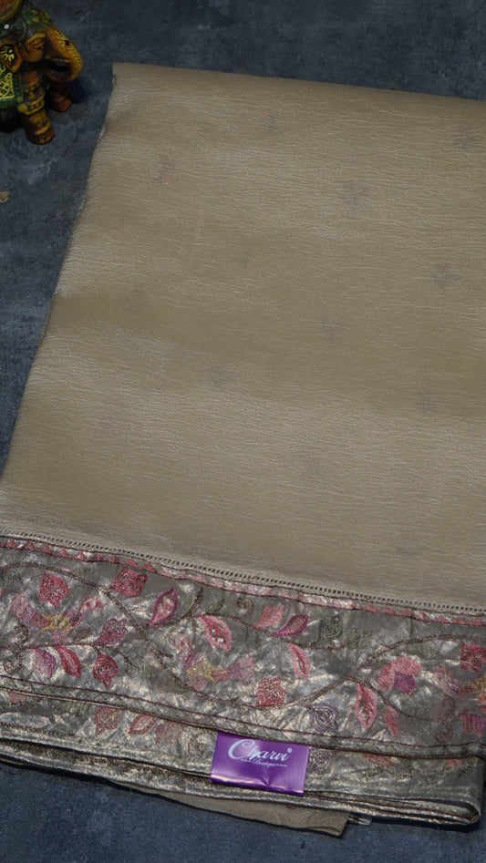 Semi Tussar Saree Crushed With Tissue Border Cream