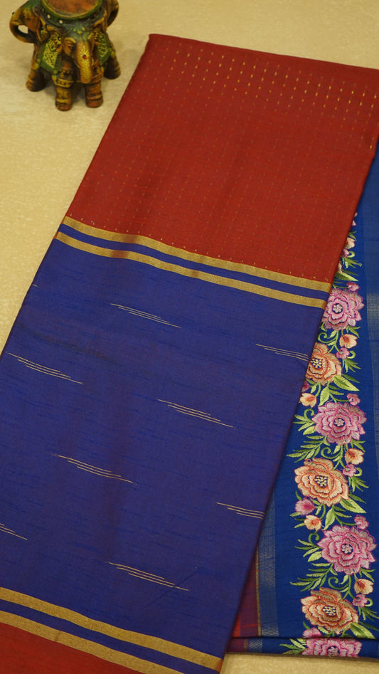 Semi Raw Silk Saree - Red With Navy Blue Floral Border
