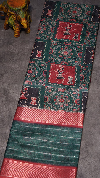 Semi Printed Silk Ajrak Print Green - Red
