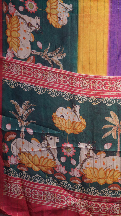 Shiffon Saree Pichwai Print Green to Pink