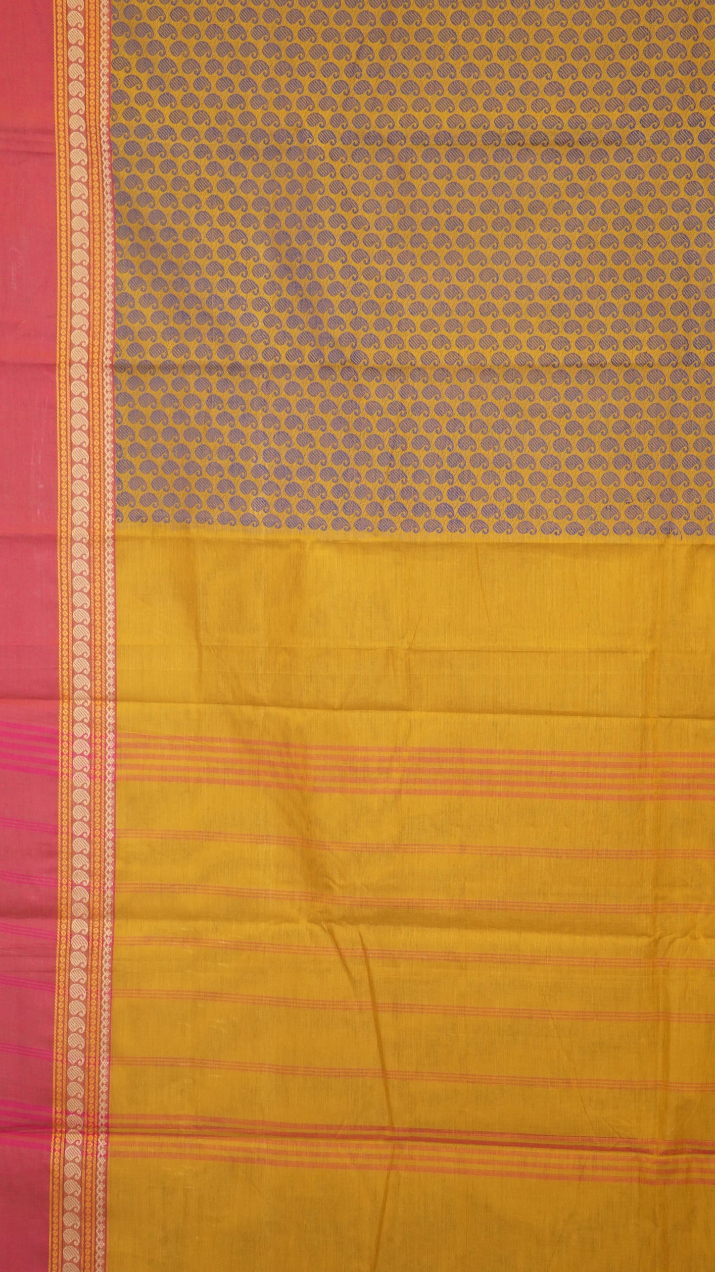 Kanchi Cotton Saree - Mustard With Red Border