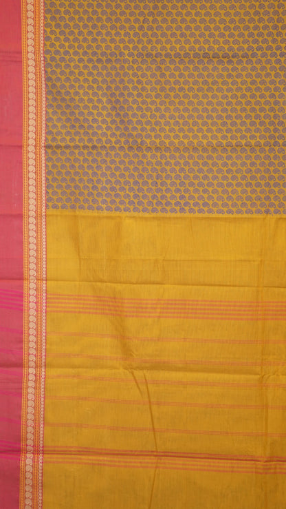 Kanchi Cotton Saree - Mustard With Red Border
