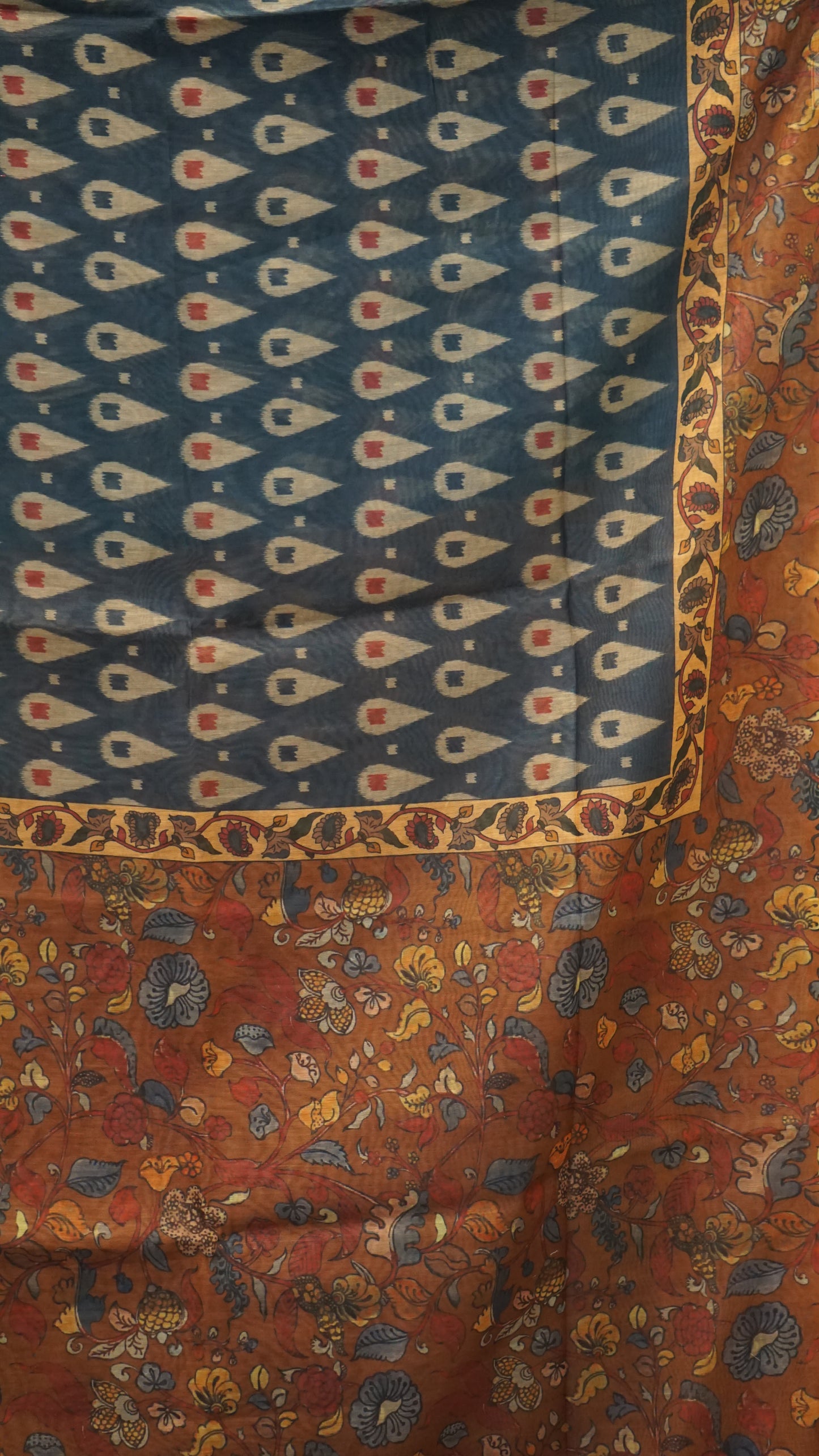 Chanderi Saree Ikkatkari Print - Brown & Navy Blue