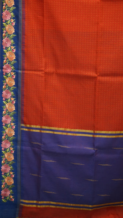 Semi Raw Silk Saree - Red With Navy Blue Floral Border