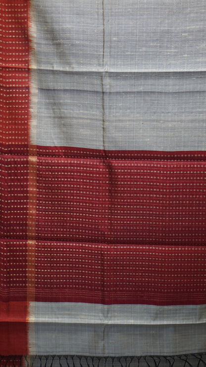 Pure Dupion Silk Saree Checks - Cream With Maroon Border