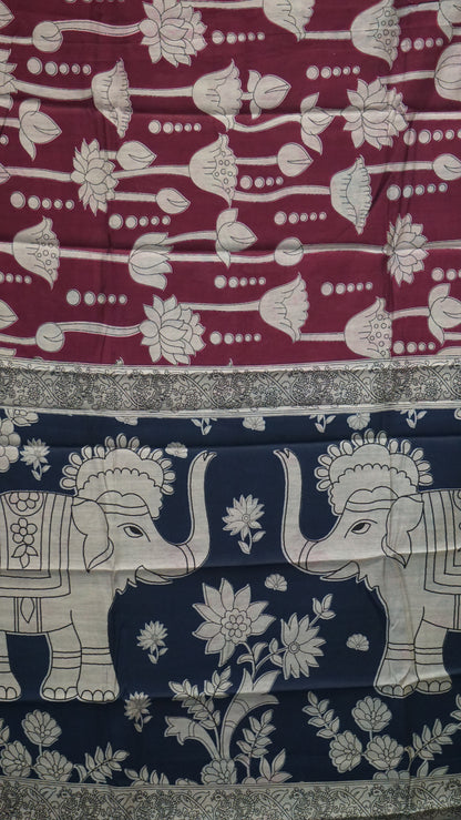 Malai Cotton Saree Pichwai Print - Purple with Navy Blue Border