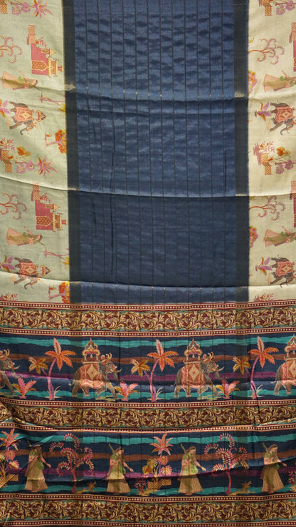 Semi Printed Silk Saree - Navy Blue