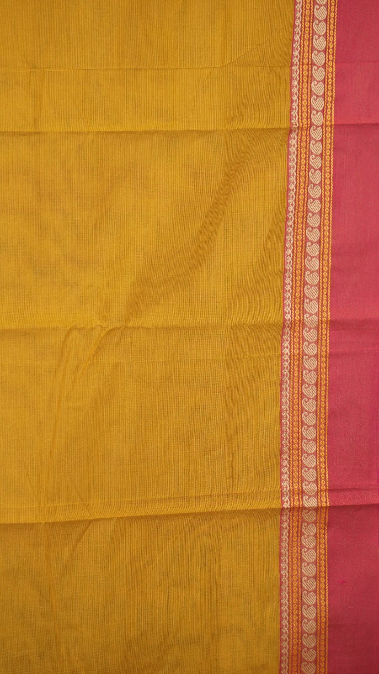 Kanchi Cotton Saree - Mustard With Red Border