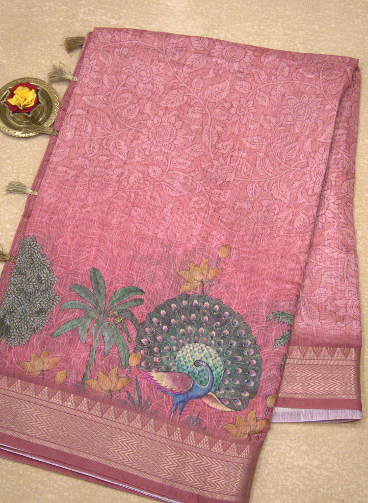 Semi Chanderi Saree Peacock Print-Peachish Pink