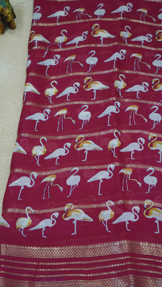 Shiffon Saree Flamingo Design - Pink