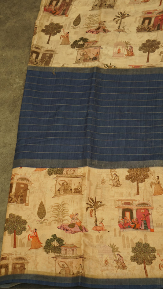 Semi Printed Silk Saree - Navy Blue