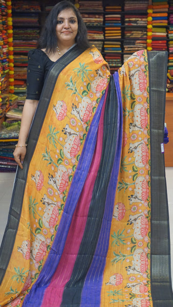 Shiffon Saree Pichwai Print Mustard to Black