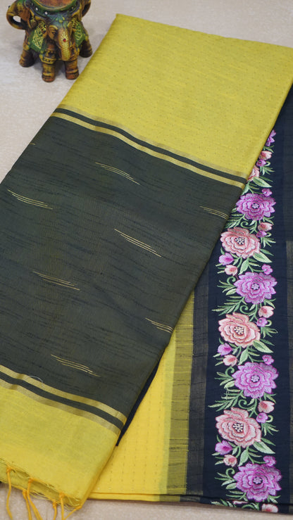 Semi Raw Silk Saree - Yellow With Black Floral Border