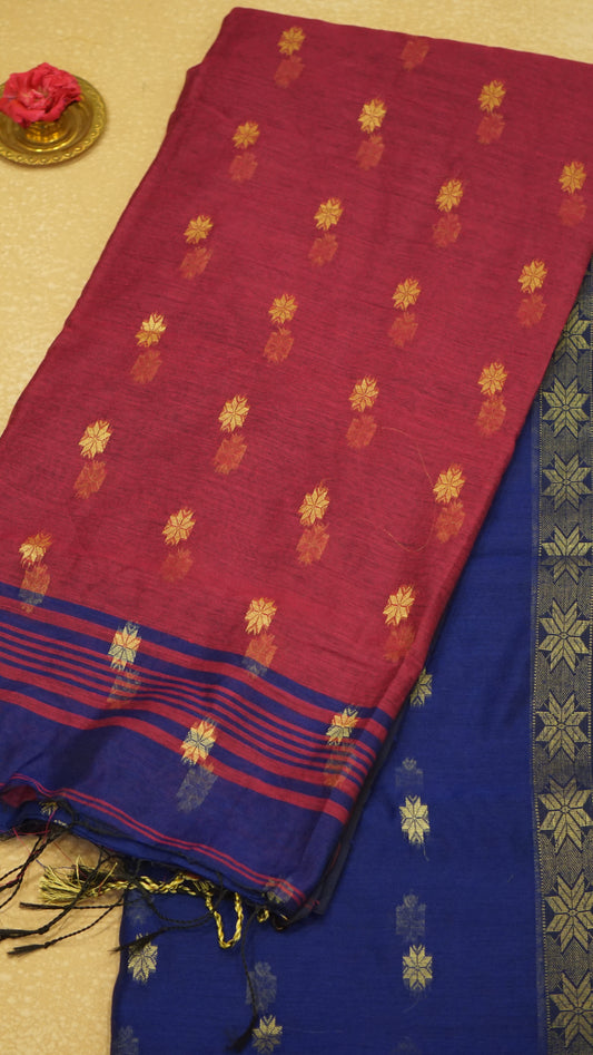 Handloom Cotton Saree Semi Maheshwari Design - Violet With Magenta
