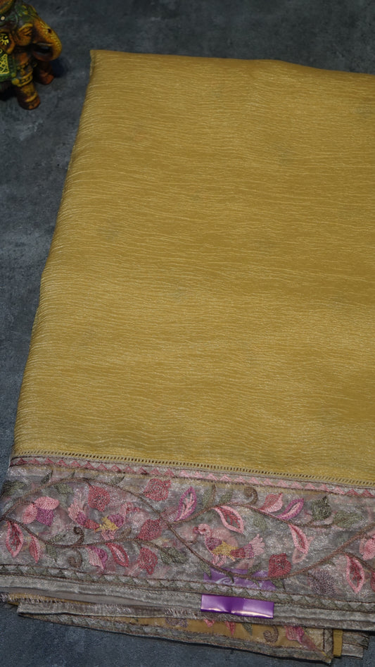 Semi Tussar Saree Crushed With Tissue Border Yellow