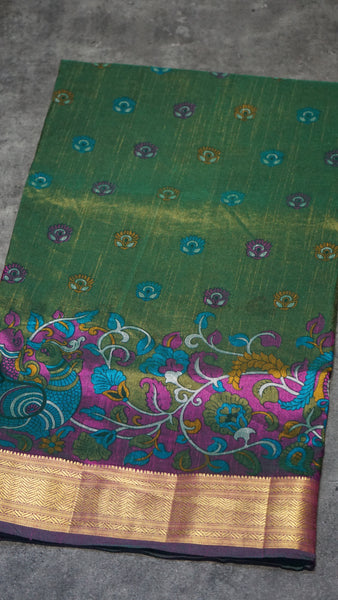Semi Pattola Saree Kalamkari Print Sage Green