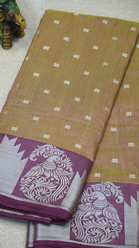 Semi Tussar Saree Temple Design - Light Orange with Maroon Border