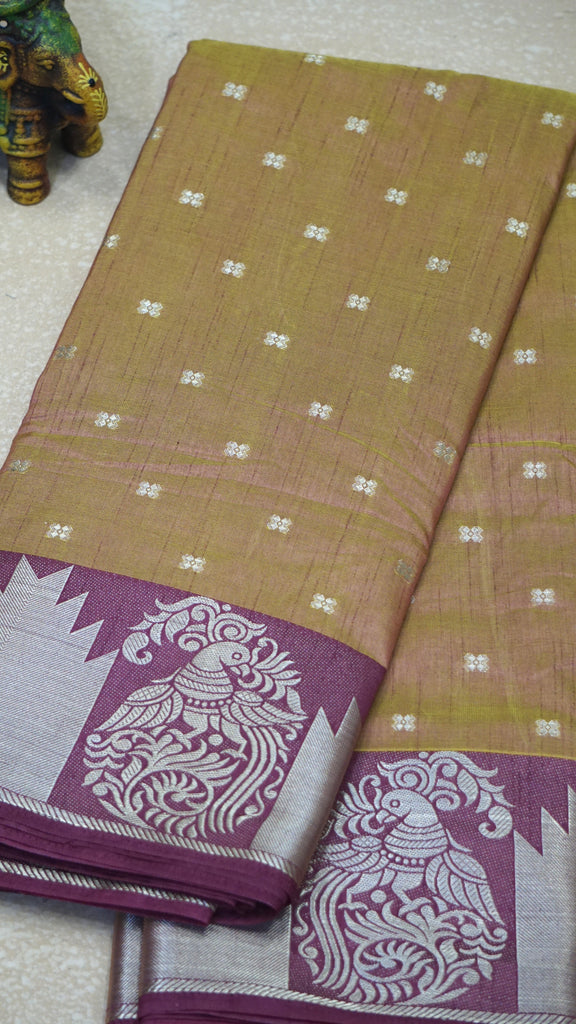 Semi Tussar Saree Temple Design - Light Orange with Maroon Border