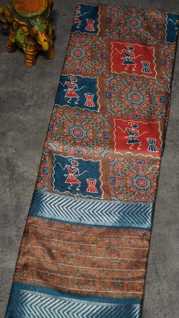 Semi Printed Silk Ajrak Print Brown - Teal Blue