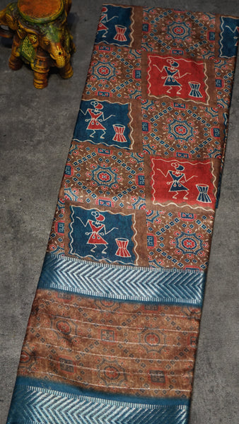 Semi Printed Silk Ajrak Print Brown - Teal Blue