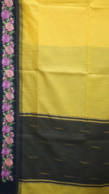 Semi Raw Silk Saree - Yellow With Black Floral Border