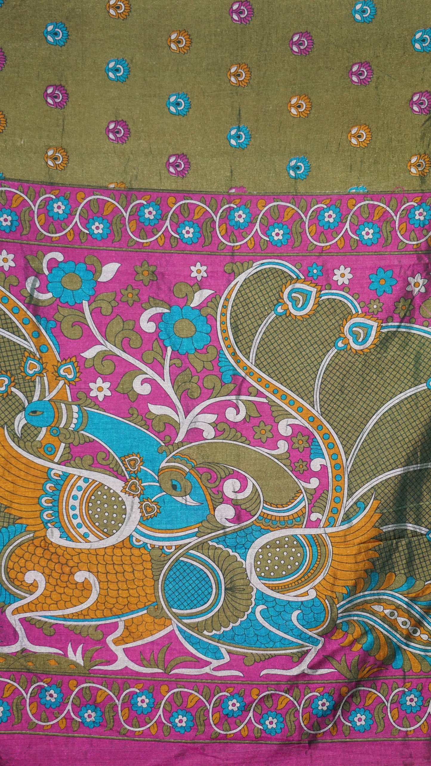 Semi Pattola Saree Kalamkari Print Sage Green