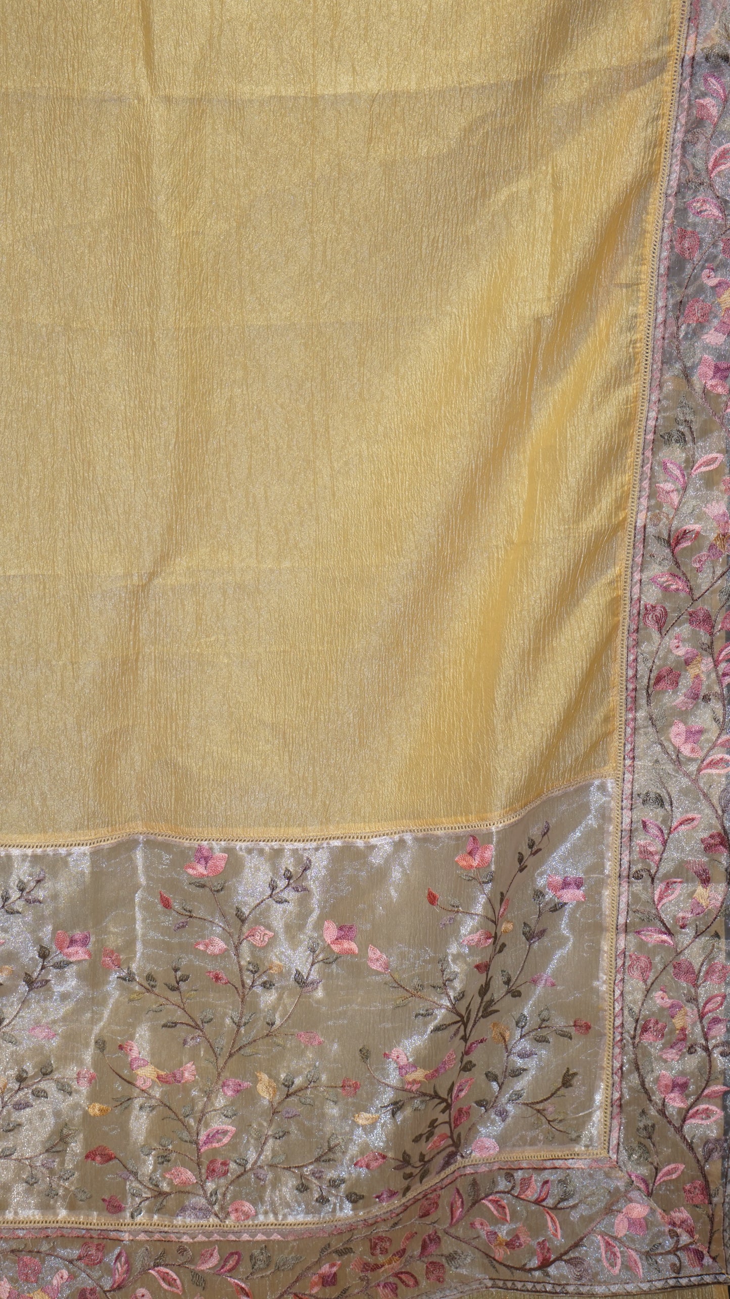 Semi Tussar Saree Crushed With Tissue Border Yellow