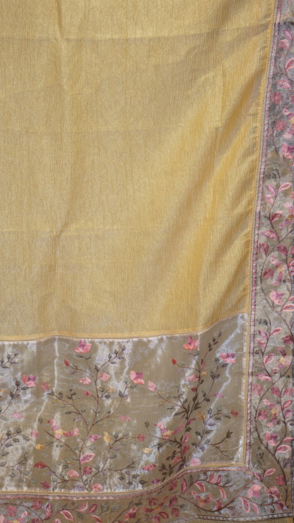 Semi Tussar Saree Crushed With Tissue Border Yellow
