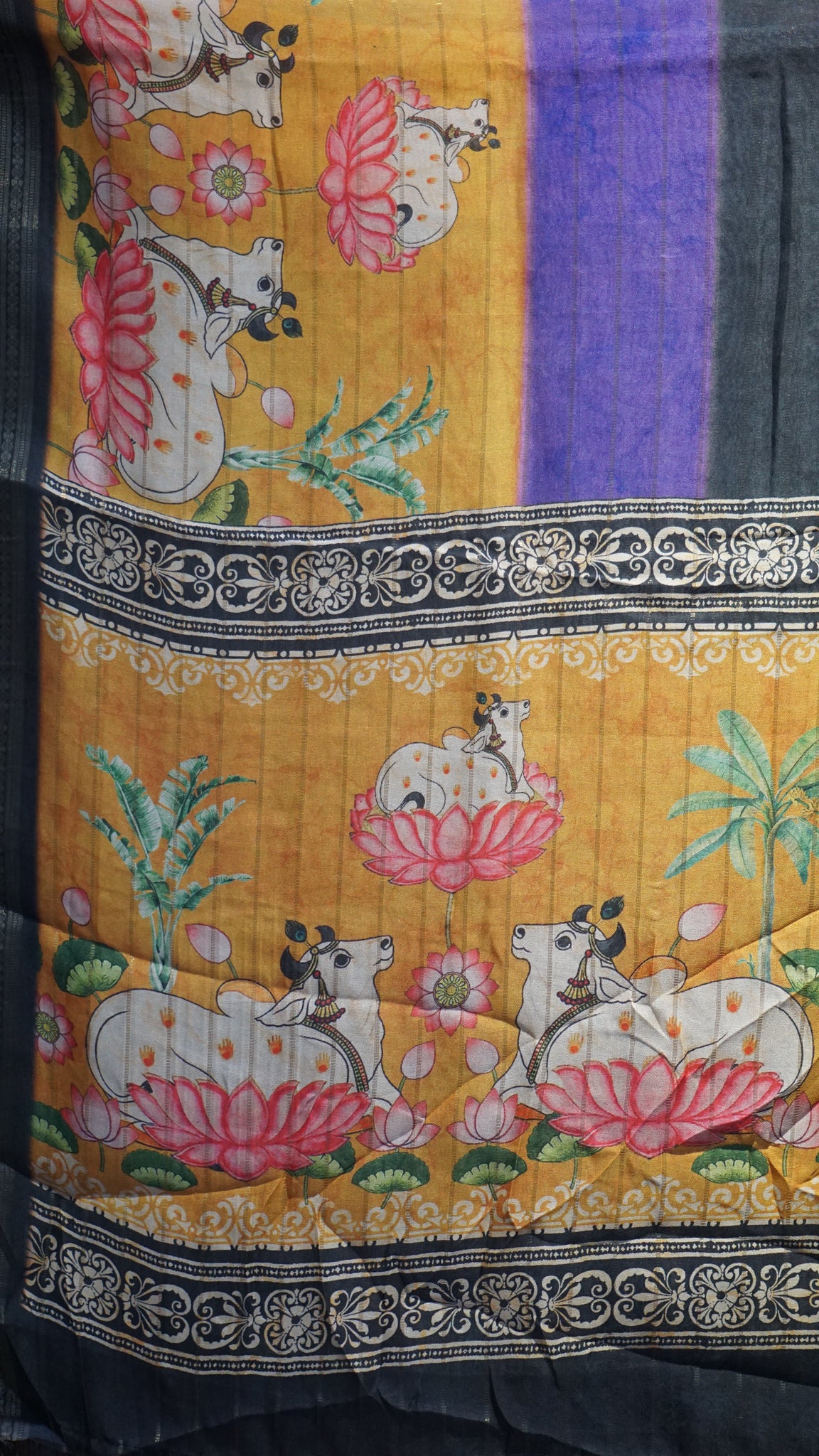 Shiffon Saree Pichwai Print Mustard to Black